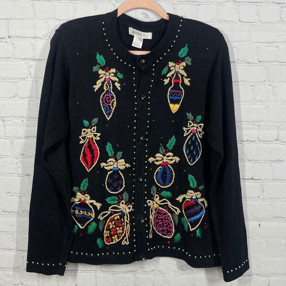 VTG Cardigan Women XL Embroidered Christmas Ornament Beaded Black Retro Sweater - Picture 2 of 12